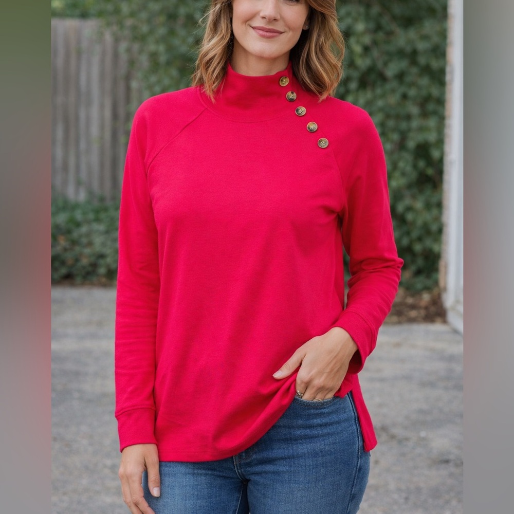 EUC‎ J Crew Pink Chic Button-Detail Mock Neck Sweater Top Size Medium